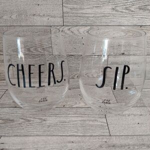 Rae Dunn Set 2 Stemless Wine Glasses 19 oz Clear "Sip" "Cheers"